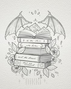 some books are stacked on top of each other with wings flying over them and flowers