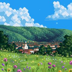 an image of a pixelated landscape with flowers in the foreground and hills in the background