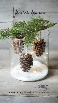 some pine cones are in a glass jar with snow on the bottom and lights hanging from it