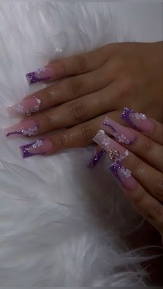 Classy Lavender Nails, Prom Nail Ideas Purple, Cute Bday Nails Acrylic, Wedding Purple And Silver, Glitter Roses Purple, Rapunzel Quince Nails, Dark Purple Prom Nails Acrylics, Quince Nails Purple Butterfly, Purple Quinceanera Nails Short