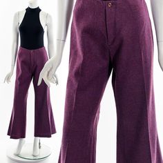 "- 60s/70s dark purple wool trousers - button and zipper front closure - high waist - bell bottoms Fits like:  M Material:  Wool Blend Condition:  Great Clipped on Mannequin:  No ✂ SIZE + FIT ✂ Length: 38\" / 97 cm Waist: 32\" / 81 cm Hips: 38\" / 97 cm Inseam: 29\" / 74 cm Rise: 20\" / 51 cm All measurements are taken with garment lying flat. ALWAYS refer to measurements as vintage sizes can vary greatly from today's modern sizes. We recommend comparing measurements above with a similar style garment you own for best fit before purchasing.  DRESS FORM / MANNEQUIN is wearing the size detailed above but she typically measures a size 4/6 by modern retail sizes or a general size small. Belt Accessories and other clothes are NOT included. ▲▲All Garments Have Been Laundered/Steamed or Dry Clean Fitted Retro Purple Bottoms, Retro Fitted Purple Bottoms, Retro Fitted Wool Bottoms, Fitted Vintage Wool Pants, Retro Wool Bottoms For Fall, Fitted Flare Pants 1970s Style, 1970s Flare Fitted Pants, Wool Gifts, Dress Form Mannequin