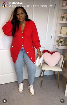 Red Cardigan And Jeans Outfit, Trendy Red Winter Cardigan, Trendy Oversized Red Cardigan, Red Cardigan Street Style, Red Button-up Cardigan For Winter, Casual Red Button-up Cardigan, Brunch Outfit Spring, Wardrobe Makeover, Classy Outfits For Women