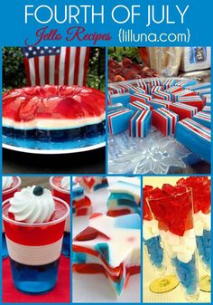 fourth of july collage with red, white and blue desserts