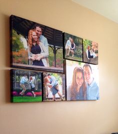 four pictures hanging on the wall above a bed