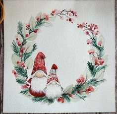 a watercolor painting of two gnomes in a wreath