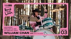 a woman playing drums in front of a pink and white poster with the words rock love written on it