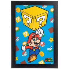 an image of mario's cube with question marks on it and other items around him