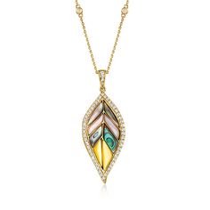 Ross-Simons - Multicolored Mother-of-Pearl, Abalone Shell Leaf Pendant Necklace, .63ct t. w. Diamonds. 16". This captivating pendant necklace emulates the uniqueness of a natural leaf through its use of carved multicolored mother-of-pearl and abalone shells. A luminous border of .63 ct. t. w. round brilliant-cut diamonds illuminates the nature-toned gems. Crafted in 14kt yellow gold. Suspends from a cable chain with a 2" extender. Lobster clasp, abalone shell and multicolored mother-of-pearl lea Elegant Multicolor High Luster Necklaces, Teapot Necklace, Fine Jewelery, Nature Inspired Jewelry, Leaf Nature, Leaf Pendant, Abalone Shell, Round Brilliant Cut Diamond, Cable Chain