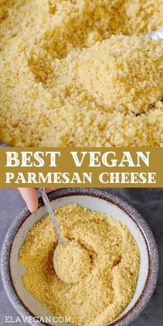 the ingredients for vegan parmesan kase are in bowls with spoons