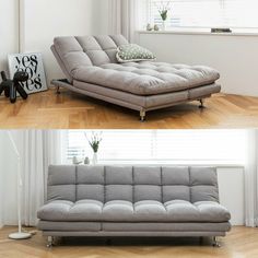 two pictures of a futon couch in front of a window and the same one with pillows on it