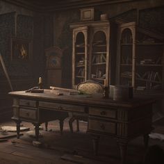 an old fashioned desk in a dark room with bookshelves and paintings on the walls