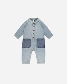 Collared Baby Jumpsuit || Light Washed Denim Light Wash Bib Front Denim Jumpsuit, Light Wash Denim Overalls With Button Closure, Washed Denim Shortalls, Blue Cotton Button-up Denim Jumpsuit, Light Wash Button-up Denim Jumpsuit, Relaxed Cotton Denim Jumpsuit With Button Closure, Denim Blue Cotton Button-up Jumpsuits And Rompers, Utility Light Wash Jumpsuits And Rompers, Light Wash Denim Jumpsuit With Bib Front And Pockets