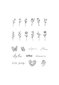 flowers and hearts drawn in ink on white paper with the words, i love you