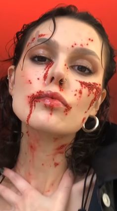 Beat Up Face Makeup Halloween, Teeth Halloween Makeup, Slasher Victim Halloween Costume, Glam Gore Makeup, Halloween Makeup Looks Blood, Rhinestone Blood Makeup, Gore Halloween Makeup Looks, Slasher Makeup, Halloween Costumes With Blood