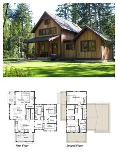 the floor plan for a small cabin house with two levels and three bedroom, one story