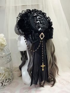 Handmade Elegant Gothic Cross Bowknot Mini Flat Hat with Hairclip Goth Hat, Victorian Accessories, Flat Hat, Gothic Hairstyles, Rose Hat, Goth Accessories, Pretty Hats, Goth Hair, Gothic Cross