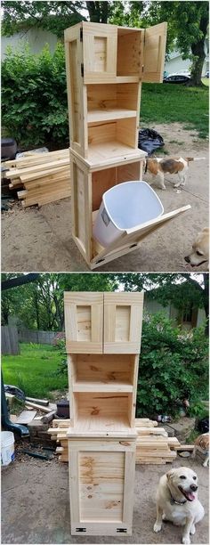 two pictures of the same dog house made out of wood