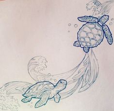 a drawing of two turtles swimming in the ocean