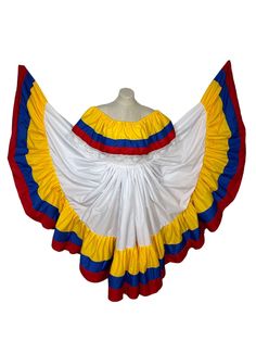 a large colorful kite flying in the sky Traditional Fitted Dress With Attached Cancan, Wide Dress, Cultural Events, I Care, Blue And Yellow, Dance Dresses, Stunning Dresses, Dress White, Ecuador