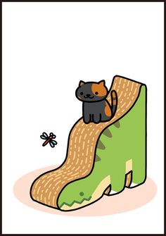 a cat sitting on top of a slide with a dragon in the backgroud