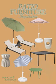 an advertisement for patio furniture with umbrellas and tables in different colors, shapes and sizes