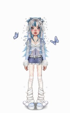 a girl with blue hair and white clothes is standing in front of butterflies on her head