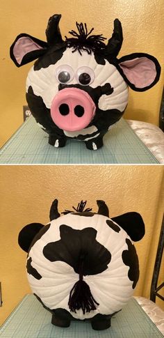 two pictures of a cow made out of paper