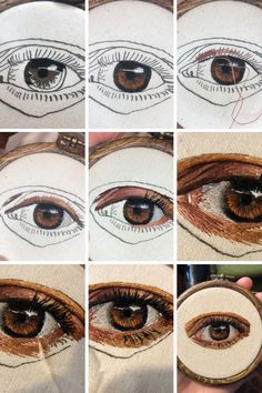 the process of drawing an eye with colored pencils on fabric, and then stitching