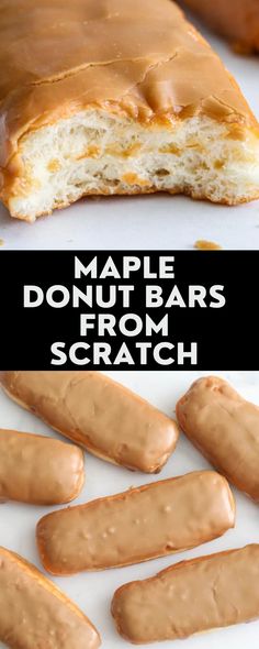 maple donut bars with peanut butter frosting on top and the words maple donut bars from scratch below