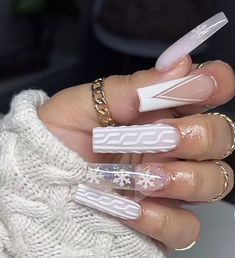 Winter Wonderland Nails Acrylic, Sweater Print Nails, Pink And White Christmas Nails, Winter Coffin Nails, Sweater Nails, Her Nails