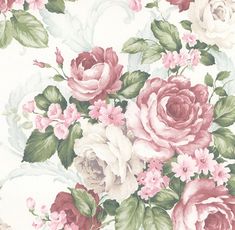 a floral wallpaper with pink and white flowers on the bottom half of each flower