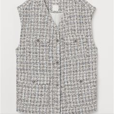 Beautiful Oversized Vest With Eight Rhinestone Buttons. Runs Large. Can Fit M/L Depends On Body Size & Shape. Please See Pictures For Brief Details. No Returns Chic White H&m Outerwear, H&m Workwear Tops With Pockets, H&m Tops With Pockets For Work, H&m White Outerwear For Work, White H&m Outerwear For Work, Chic Summer Outerwear By H&m, Loafers Trend, Oversized Vest, H&m Jackets