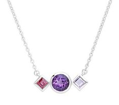 Serve up eye-catching style with this chic triple-gemstone pendant. From Ariva. Formal Multi-stone Amethyst Necklaces, Amethyst Multi-stone Pendant Jewelry, Nickel-free Amethyst Crystal Necklaces For Gift, Multi Gemstone Necklace, Nickel-free Multicolor Crystal Necklace Gift, Nickel-free Multicolor Crystal Necklaces, Gemstone Pendant, Gemstone Necklace, Fine Jewelry