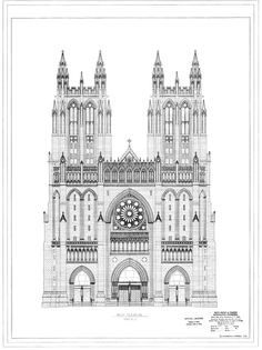 a black and white drawing of a cathedral with a clock on it's side