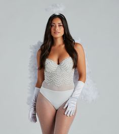 A stunning look for all your events including weddings, bridal showers, bridesmaids, bachelorette parties, and engagement shoots. Shop the hottest womens Halloween costumes of 2023. Discover sexy, scary, superhero, bunny, cat, angel, devil, skeleton, mermaid costumes and more. Create a glamorously flawless look in a bustier bodysuit embellished with sparkly beads. This gorgeous bustier bodysuit features a flattering sweetheart neckline, adjustable spaghetti straps for a customized fit, and padde Halloween Costumes With Fishnets, Disney Costumes For Women, Twisted Angel, Fishnet Fashion, Red Head Halloween Costumes, Angel Dress Up, Flapper Girl Dress, Halloween Costume Game, Rhinestone Fishnet Tights