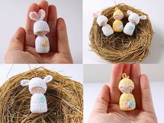 four pictures of tiny crocheted animals in a nest with eggs and straws