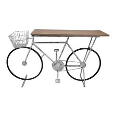 a bicycle table with a basket on the back and wheels attached to it's sides