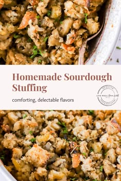 homemade sourdough stuffing in a white dish with a serving spoon on the side