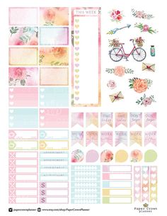 planner stickers with flowers, hearts and a bicycle on it's back side