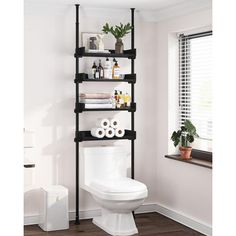 a bathroom with a toilet and shelving unit