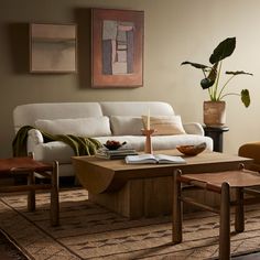 a living room filled with furniture and a potted plant on top of a table