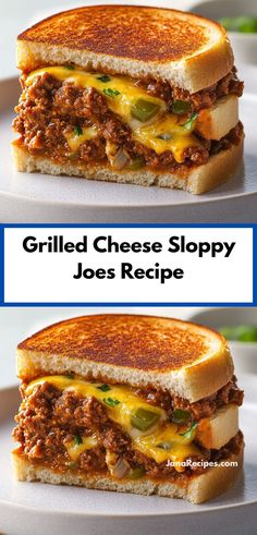 grilled cheese sloppy joes recipe on a white plate with the title above it