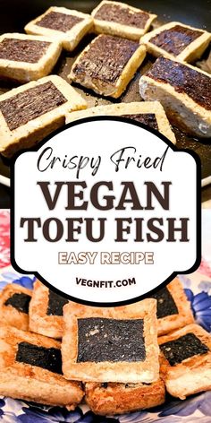 2 pictures of Vegan tofu fish crispy fried on decorative plate and on a frying pan. Fish Tofu Recipe, Simple Tofu Recipes, Vegan Fried Fish, Battered Tofu, Recipes With Tofu, Tofu Fish, Vegan Fish And Chips, Tofu Recipes Easy, Tofu Vegan