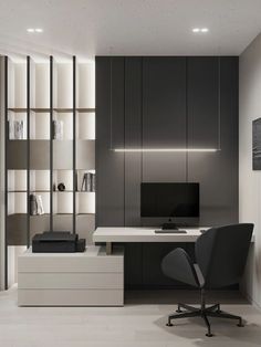 a modern office with black and white decor