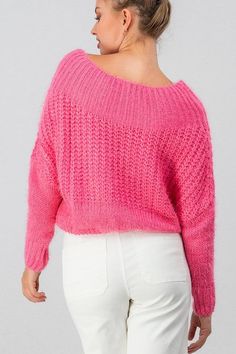 AdoraDolman sleeve short sweater top. Open knit. Fuzzy. Ribbed neckline. Boatneck on or off shoulder. Drop shoulder seam. Casual, comfortable knit. Runs short. Color: PinkSizes: S-M-L Bust 36-38-40, Length 19, sleeves 2474% Acrylic, 22% Polyester, 4% Spandex, imported C5/0586-9939 Fuzzy Shorts, Fuzzy Pullover, Short Sweater, Dolman Sleeve Sweater, Cute Blouses, Mohair Sweater, Ribbed Neckline, Knit Crop Top, Knit Pullover