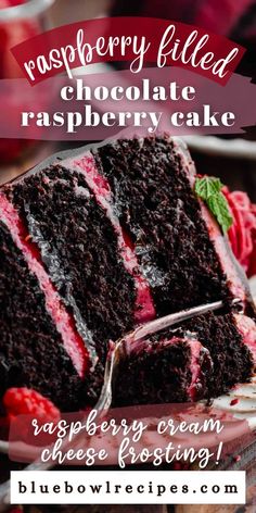 a slice of raspberry filled chocolate raspberry cake