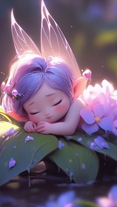 a little fairy sleeping on top of some flowers