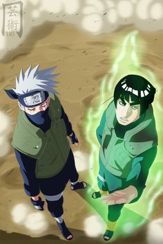 two anime characters running in the dirt with green and yellow flames coming out of them