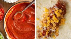 two pictures side by side, one with salsa and the other with tortilla shells