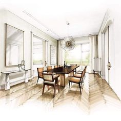 a drawing of a dining room table and chairs